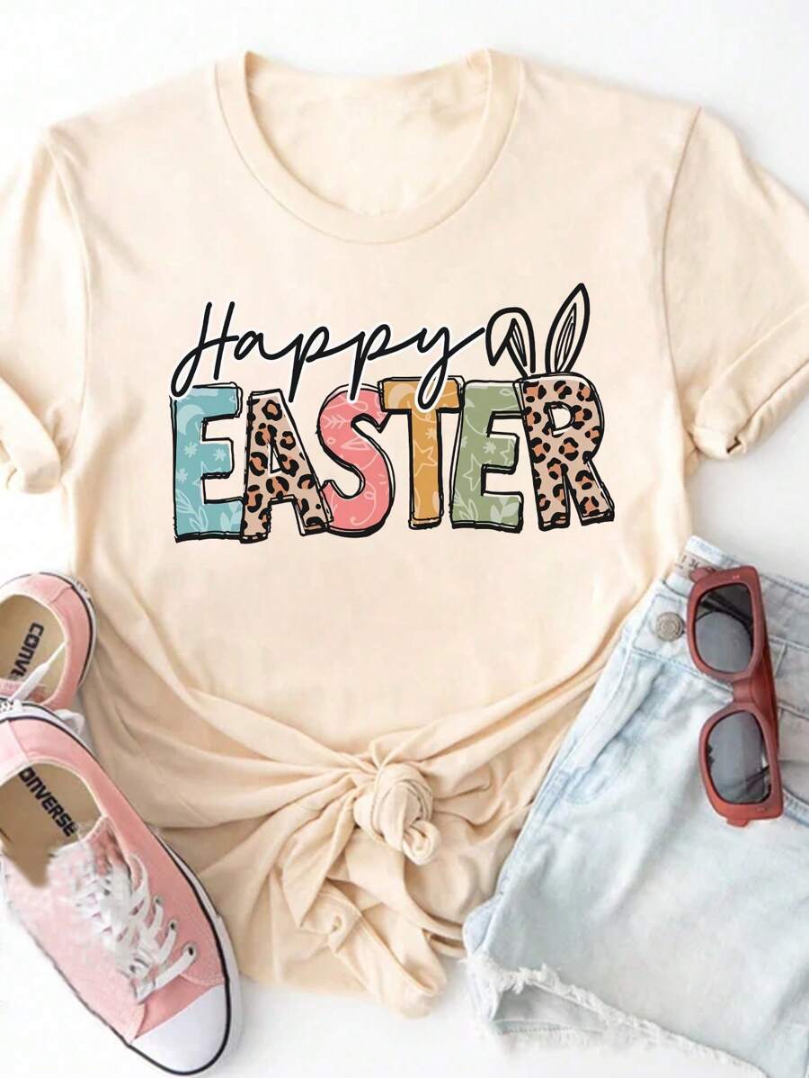 INAWLY Easter English Words & Leopard Bunny Print Women Short Sleeve Round Neck T-Shirt