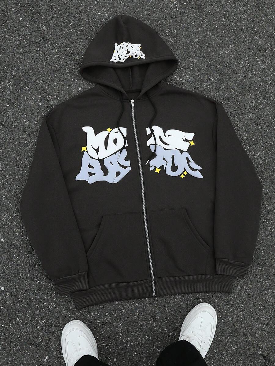 Manfinity Hypemode Men's Front Zipper Long Sleeve Pocket Printed Casual Hoodie Streetwear Zip Up