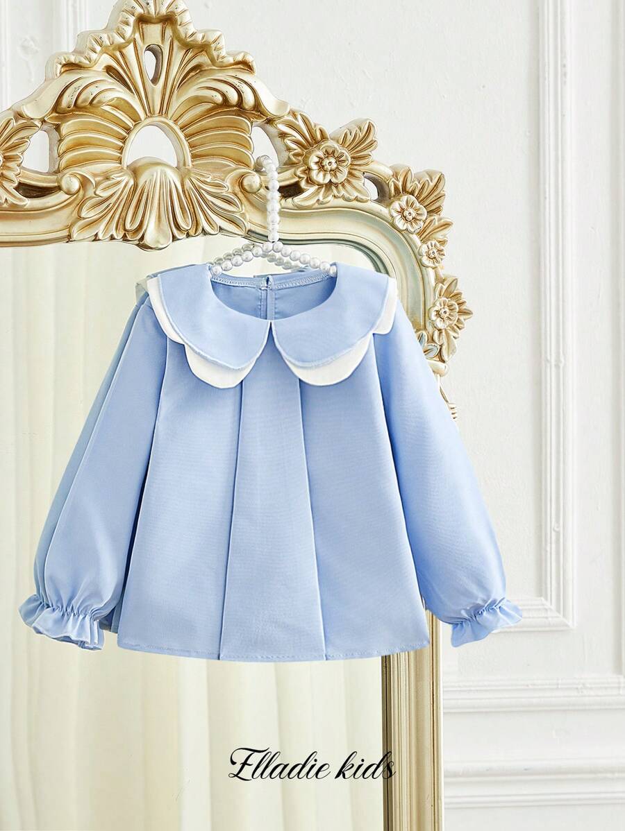 SHEIN Young Girl Doll Flower Collar Sweet Ruffle Long Sleeve Blouse, Spring/Autumn