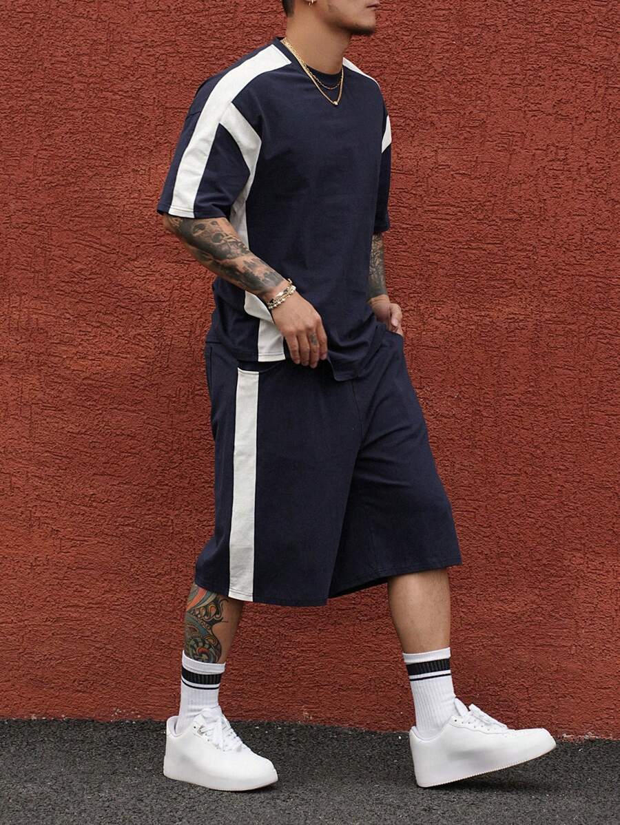 DAZY 2pcs Men's Summer Patchwork Contrast Letter Print Short Sleeve T-Shirt And Shorts Set
