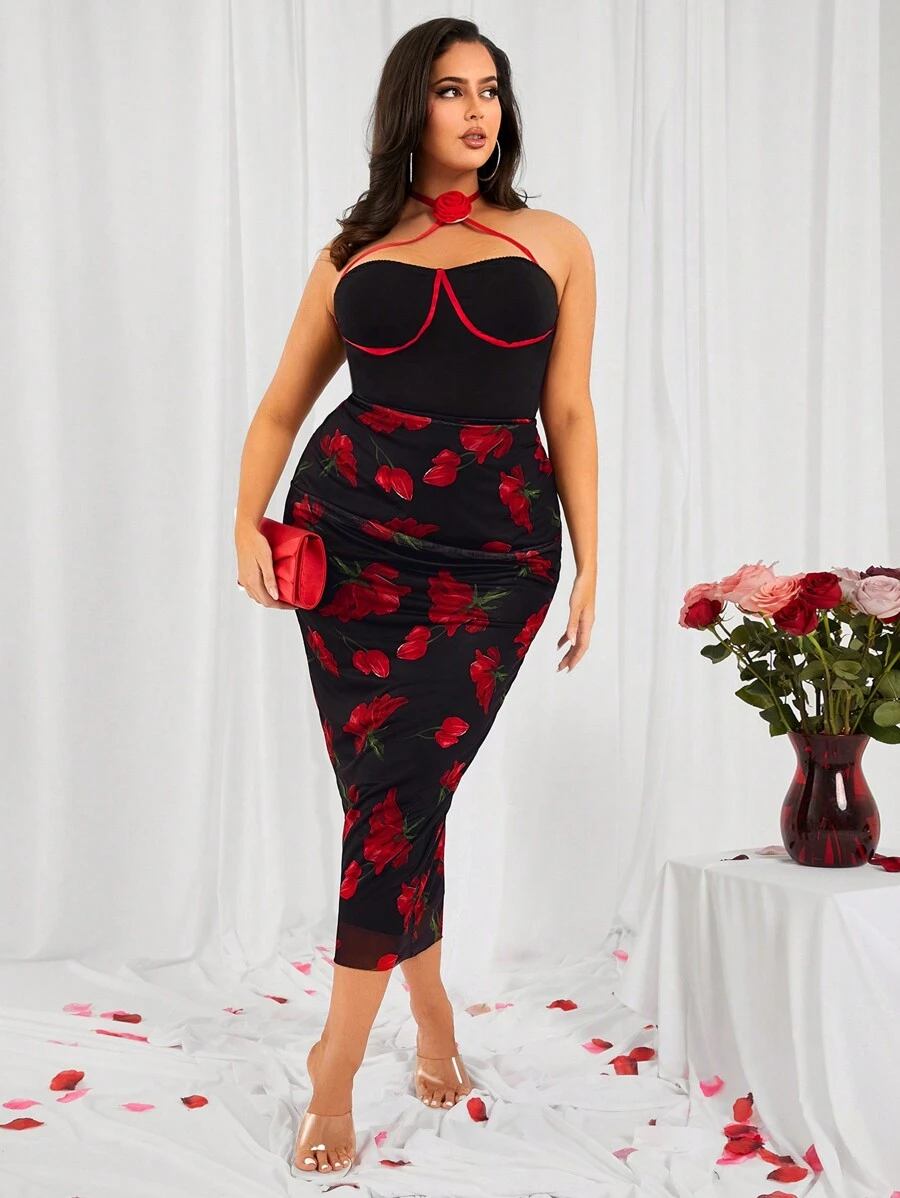 SHEIN SXY Falda de malla de cintura media con estampado floral para mujeres de talla grande, adecuada para uso diario, vacaciones, playa, fiesta, cita, cumpleaños, despedida de soltera, fiesta, baile, cita en pareja, elegante, casual, compras, uso diario, al aire libre, coqueta, fácil de combinar y que estiliza, resalta tu figura, resalta tu Body