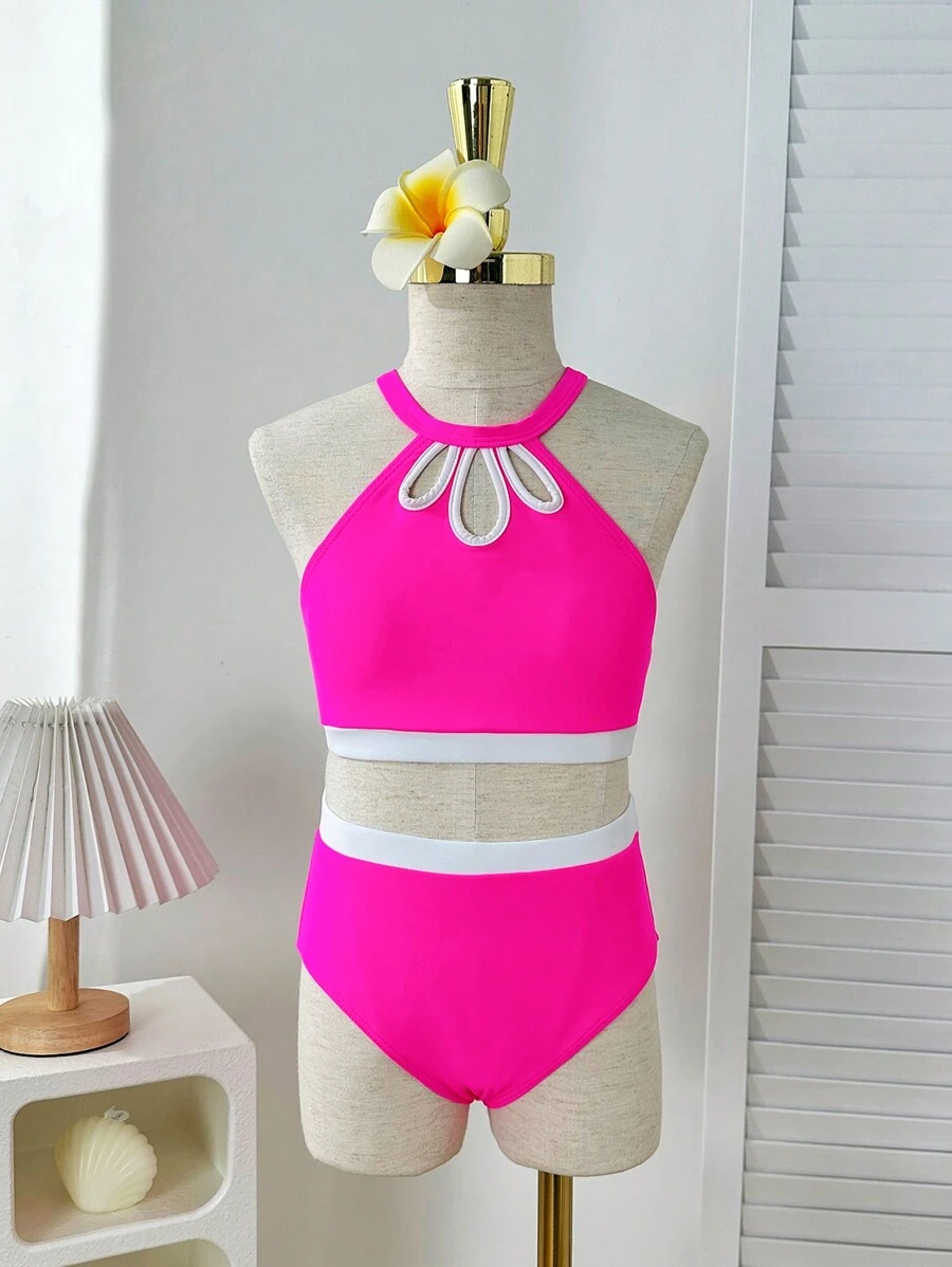 Spring/Summer Bikini Set, Minimalist Fashion Style, Fuchsia & White, Floral Petal Cutout Neckline, Tween Girls Fuchsia-White Contrast Floral Cutout Neck Two-Piece Bikini Set, Stylish Casual Elegant Suitable For Swimming, Vacation, Summer