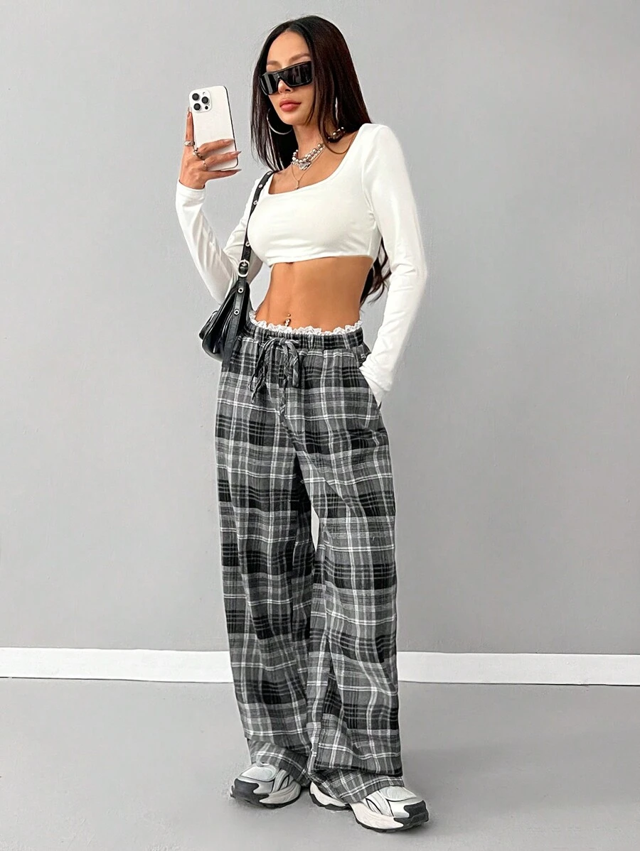 SHEIN EZwear Women's Spring Summer Daily Wear Y2K Fashion Streetwear Athleisure 90s Fashion Vintage Plaid Contrast Lace Drawstring Elastic Waistband Black And White Baggy Wide Leg Pants