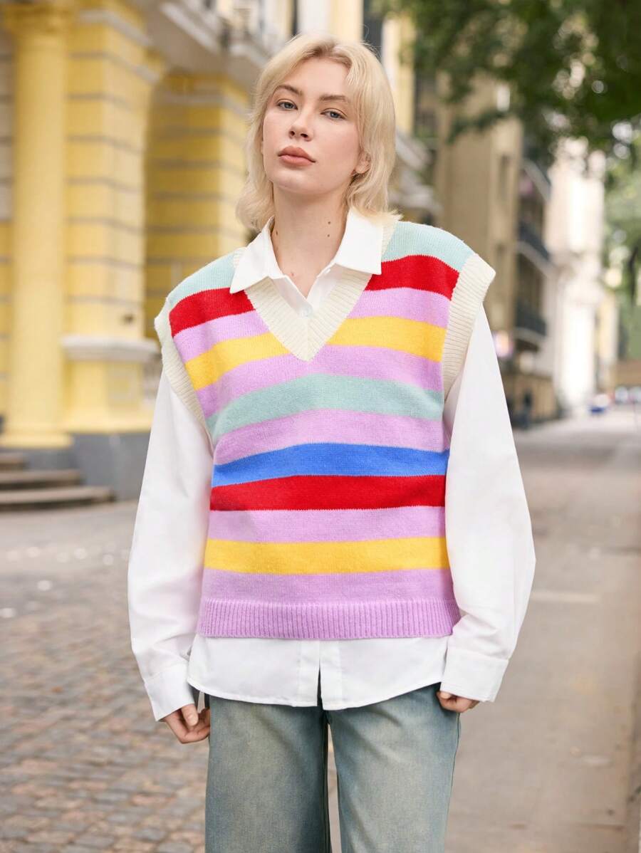 Skyraze Cardigan tricoté arc-en-ciel surdimensionné pour femmes, motif géométrique