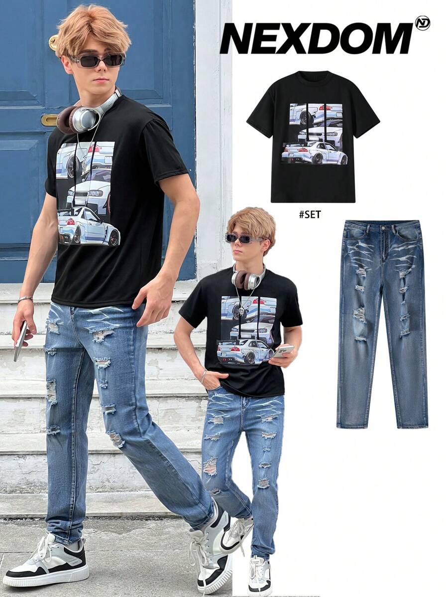 SHEIN Conjunto para adolescente de 2 piezas con estampado de coche informal, camiseta y pantalones vaqueros con agujeros desgastados, primavera/verano