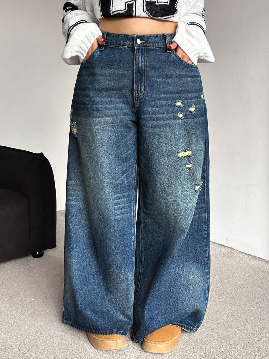SHEIN EZwear Plus Size Loose Fit Ripped Blue Denim Wide Leg Casual Jeans Fashion Solid Retro Washed Baggy Women Jeans High Waist Straight Leg Jeans Wide Leg Jeans Winter Jeans Halloween Outfits Street Cool Style Streetwear Pants For Women Homecoming Fall Clothes