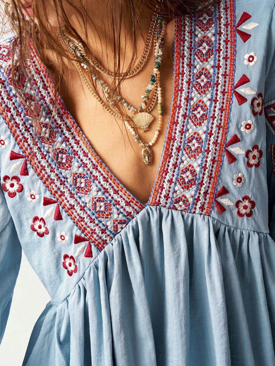Bohemela Women's Solid Color Woven Embroidered V-Neck 3/4 Sleeve Fitted Blouse With Ruffle Hem