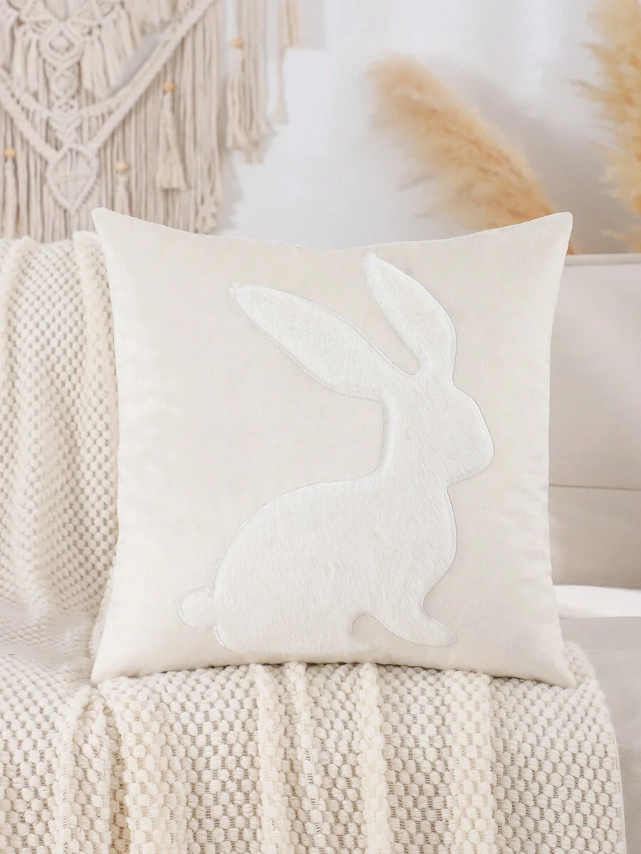 1pc Easter Decorative Pillow Case With Rabbit Plush Embroidery