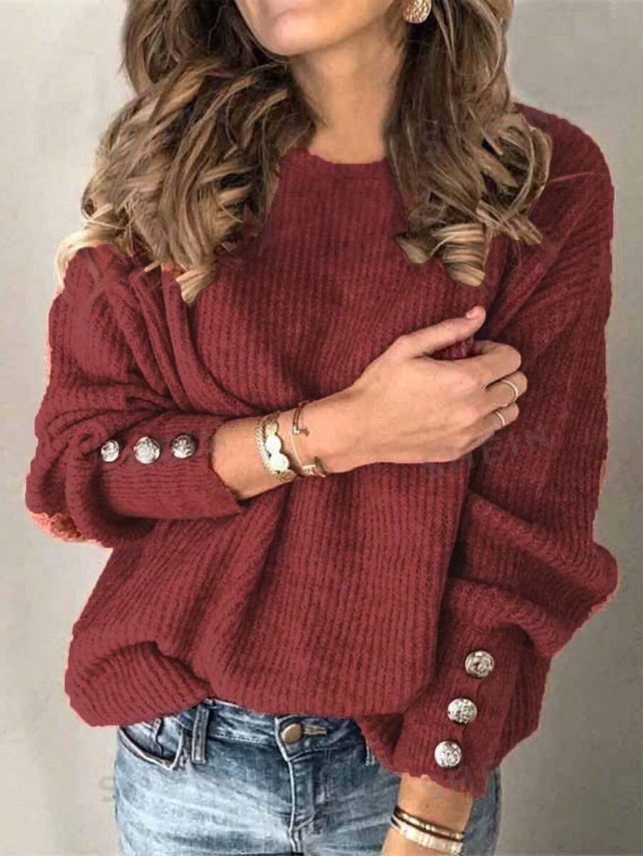 SHEIN LUNE Suéter casual de manga larga con cuello redondo de unicolor y talla grande, para primavera
