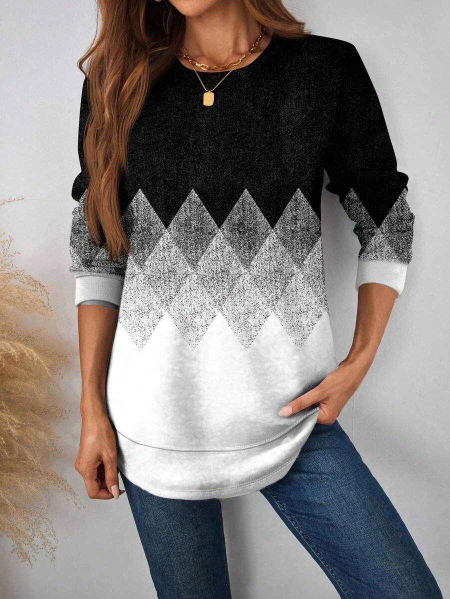 SHEIN LUNE Casual Minimalist Geometric Colorblock Loose Round Neck Long Sleeve Hoodie Sweatshirt For Women, Suitable For Autumn/Winter