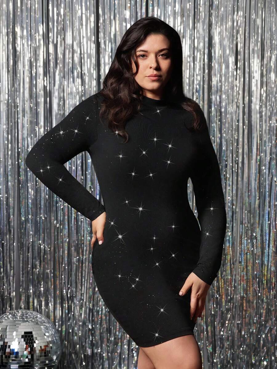 SHEIN VCAY Plus Size Women Solid Color Shiny Elegant Fitted Mini Stand Collar Dress Valentine's Day Outfits Romantic