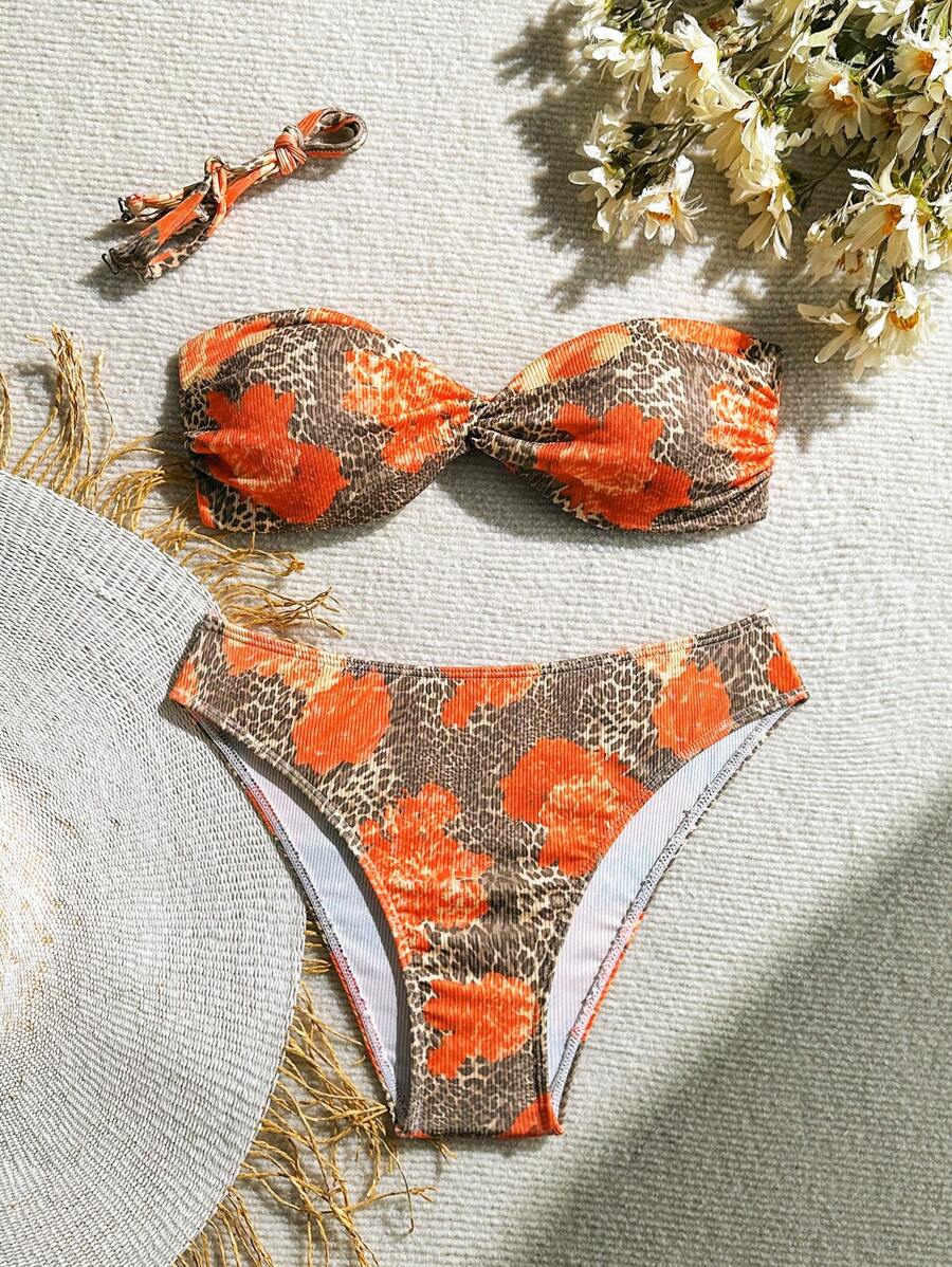 Tenue de plage pour femmes Ensemble de bikini détachable à imprimé léopard avec liens torsadés pour bretelles, Vacances