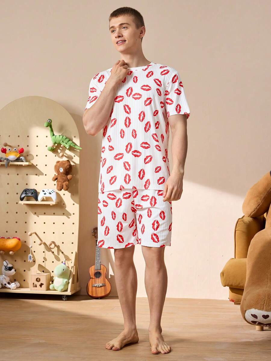 Happy Jammies Pantalones cortos de estampado de labios para hombre, ropa de estar en casa