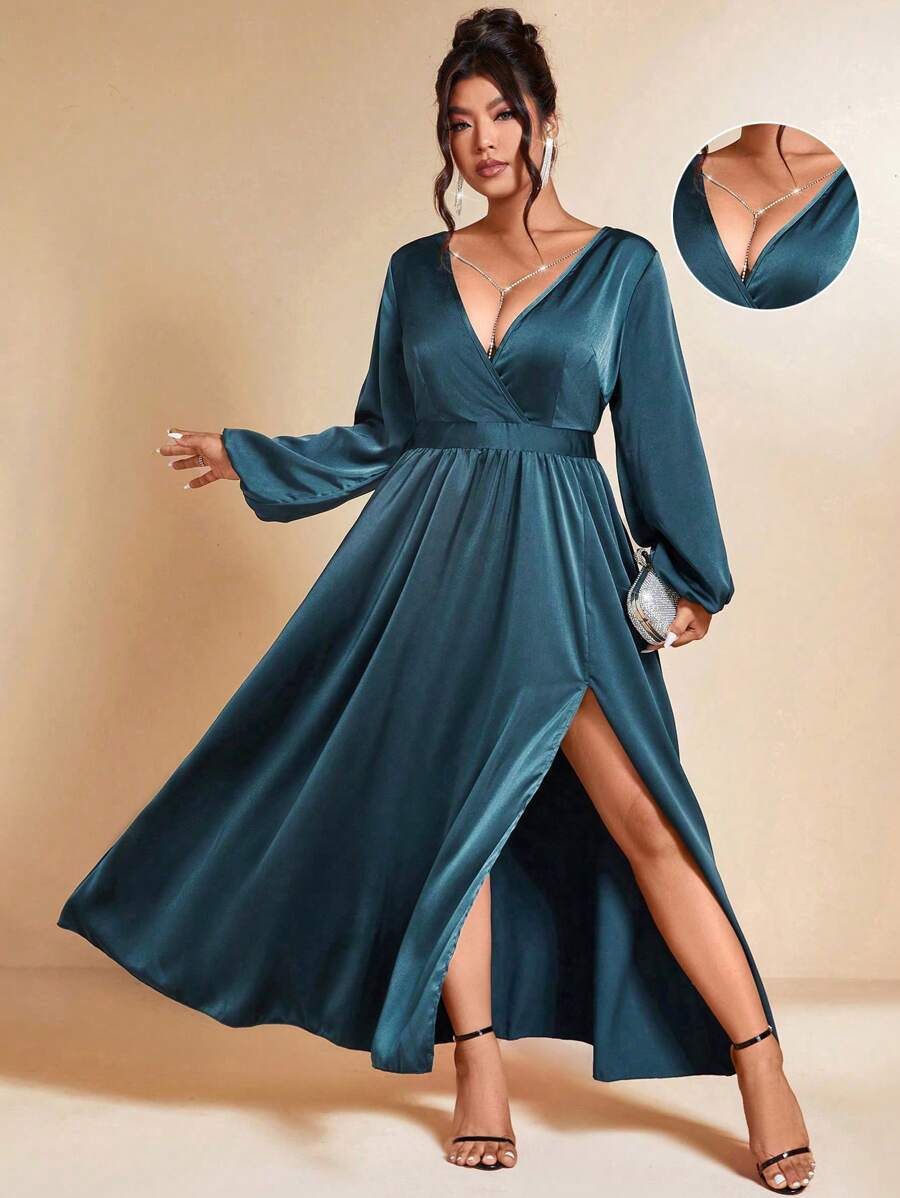 Allurite Robe maxi évasée fendue haute à col V élégante pour soirée pour femme en grande taille, tenue de mariage