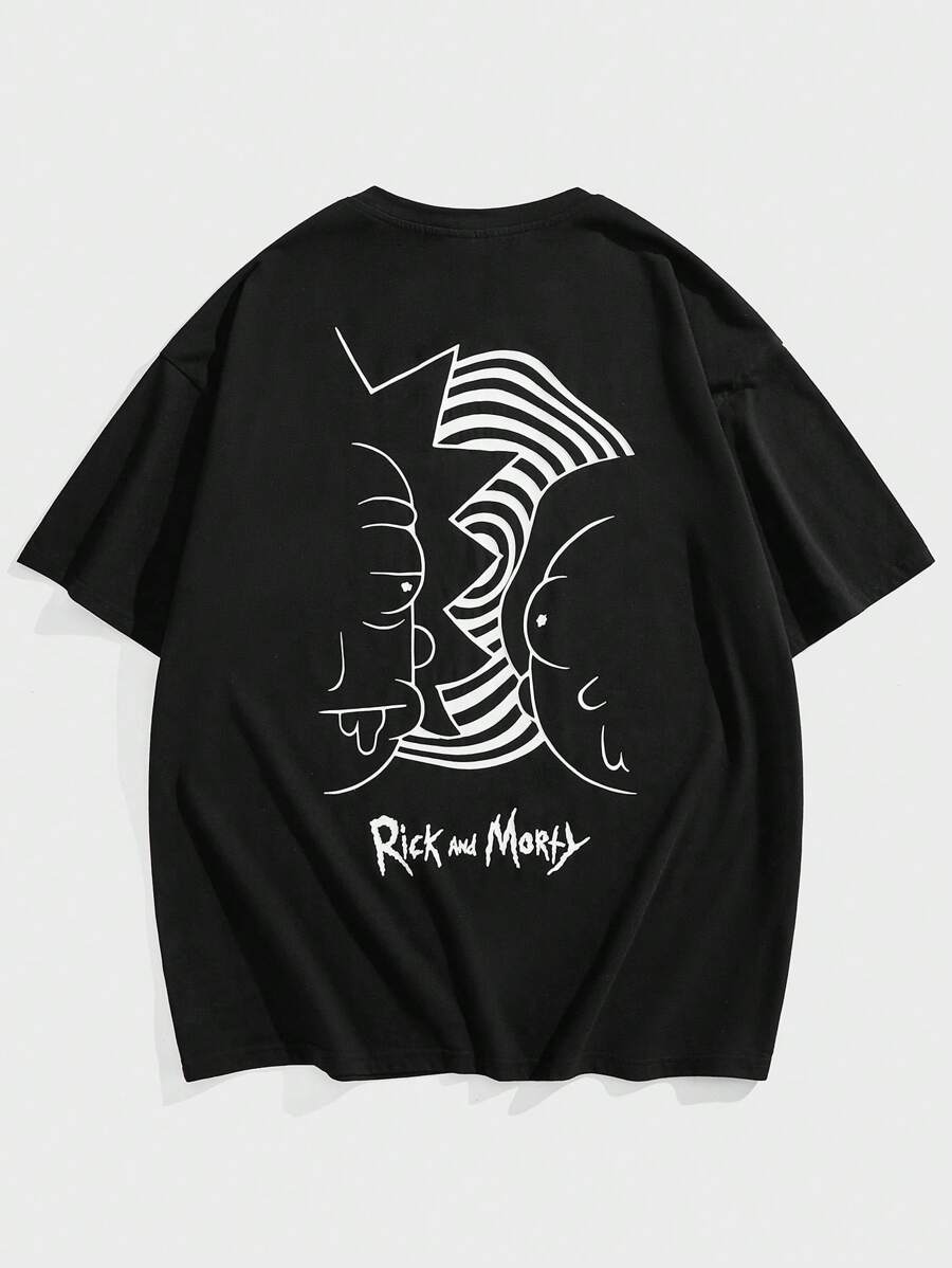 Rick and Morty X SHEIN Plus Size Heren Casual Cartoon Print Ronde Hals Korte Mouw T-shirt, Zomer
