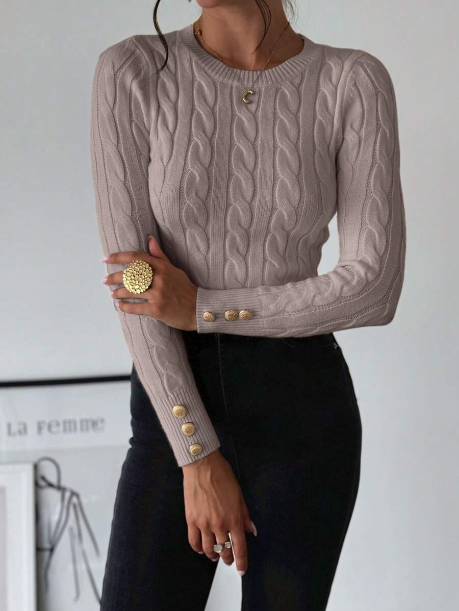 Firerie Maglione semplice ed elegante da donna, in stile casual da college, versatile, con collo a giro, a maglia intrecciata, modellato