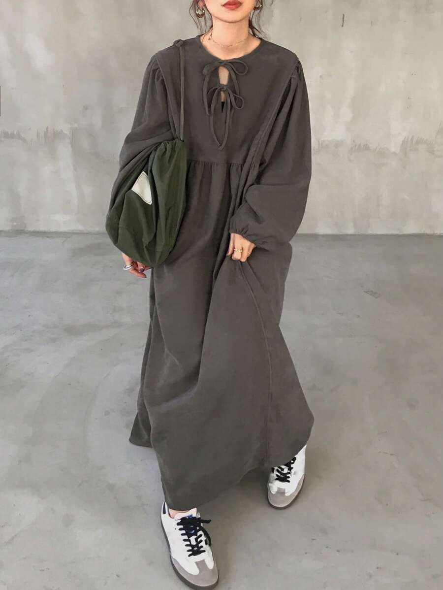 FRIFUL Women's Solid Color Front Tie Long Sleeve Simple Casual Long Dress