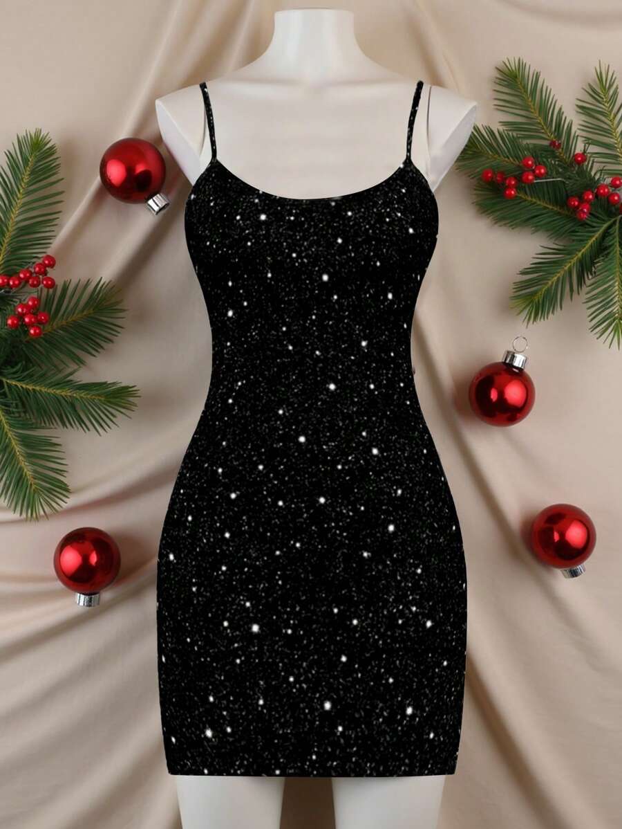 SHEIN EZwear Women's Casual Minimalist Glitter & Sequin Decor Slip Dress For Woman New Year Party