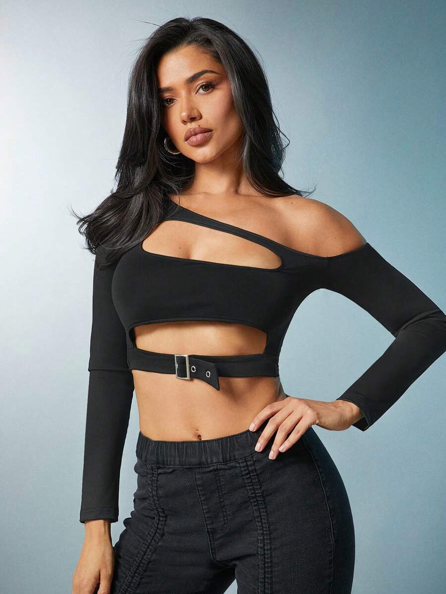Denimoi Sexy Asymmetrical Cut Out Long Sleeve Top