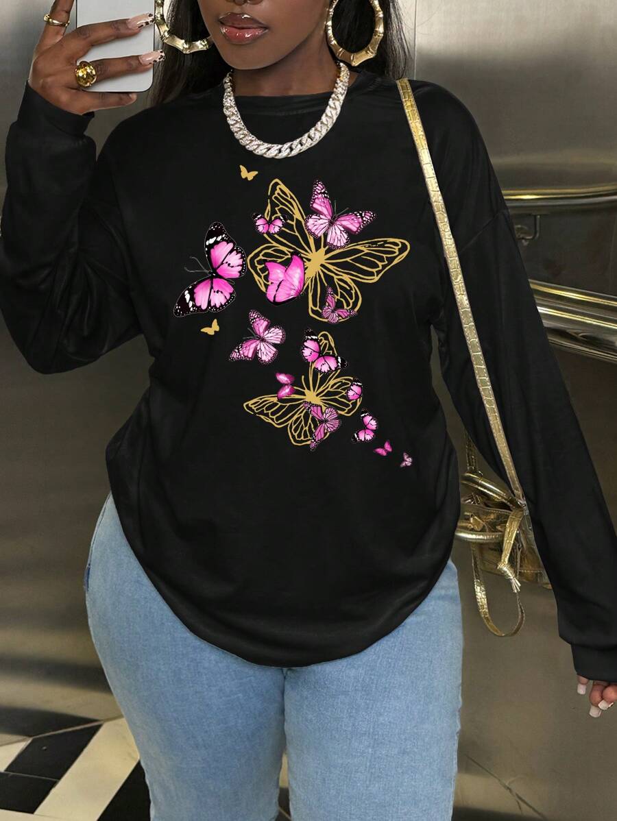 SHEIN Slayr Oversized T-shirt met vlinderprint, lange mouwen en losse pasvorm