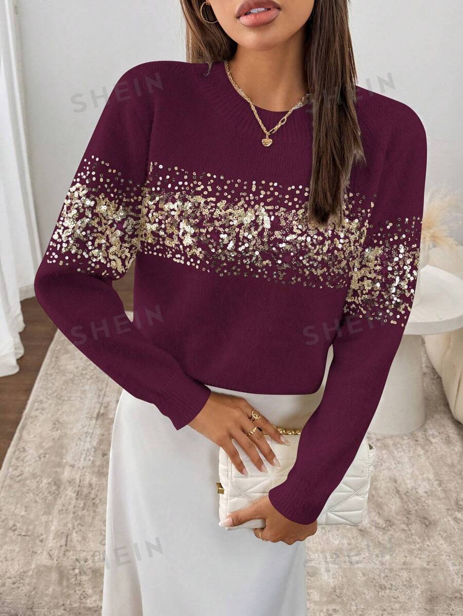 SHEIN Clasi 1 pieza Camisa de mujer de cuello redondo de manga larga con decoración de lentejuelas, diseño minimalista, casual para uso diario