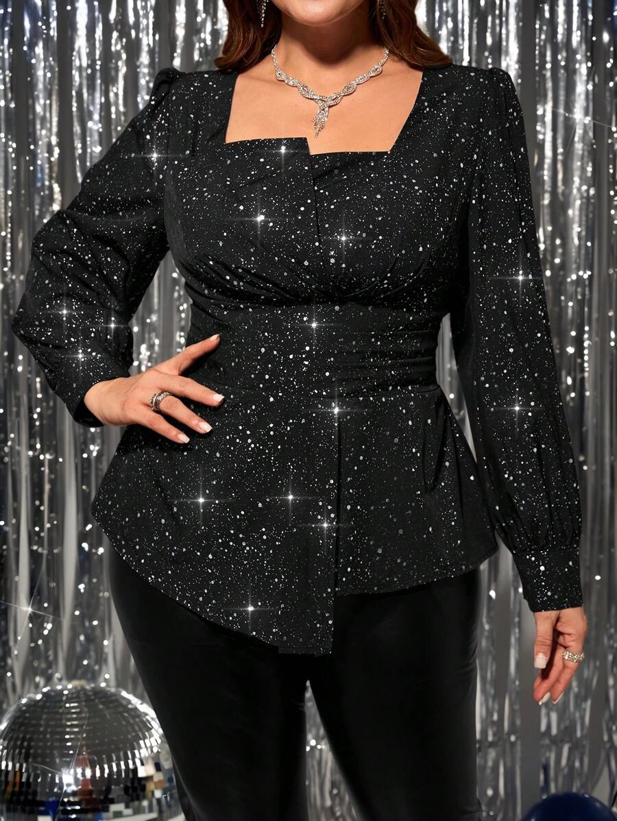 SHEIN Clasi Plus Size Fashion Party Shiny Silver Asymmetric Blouse