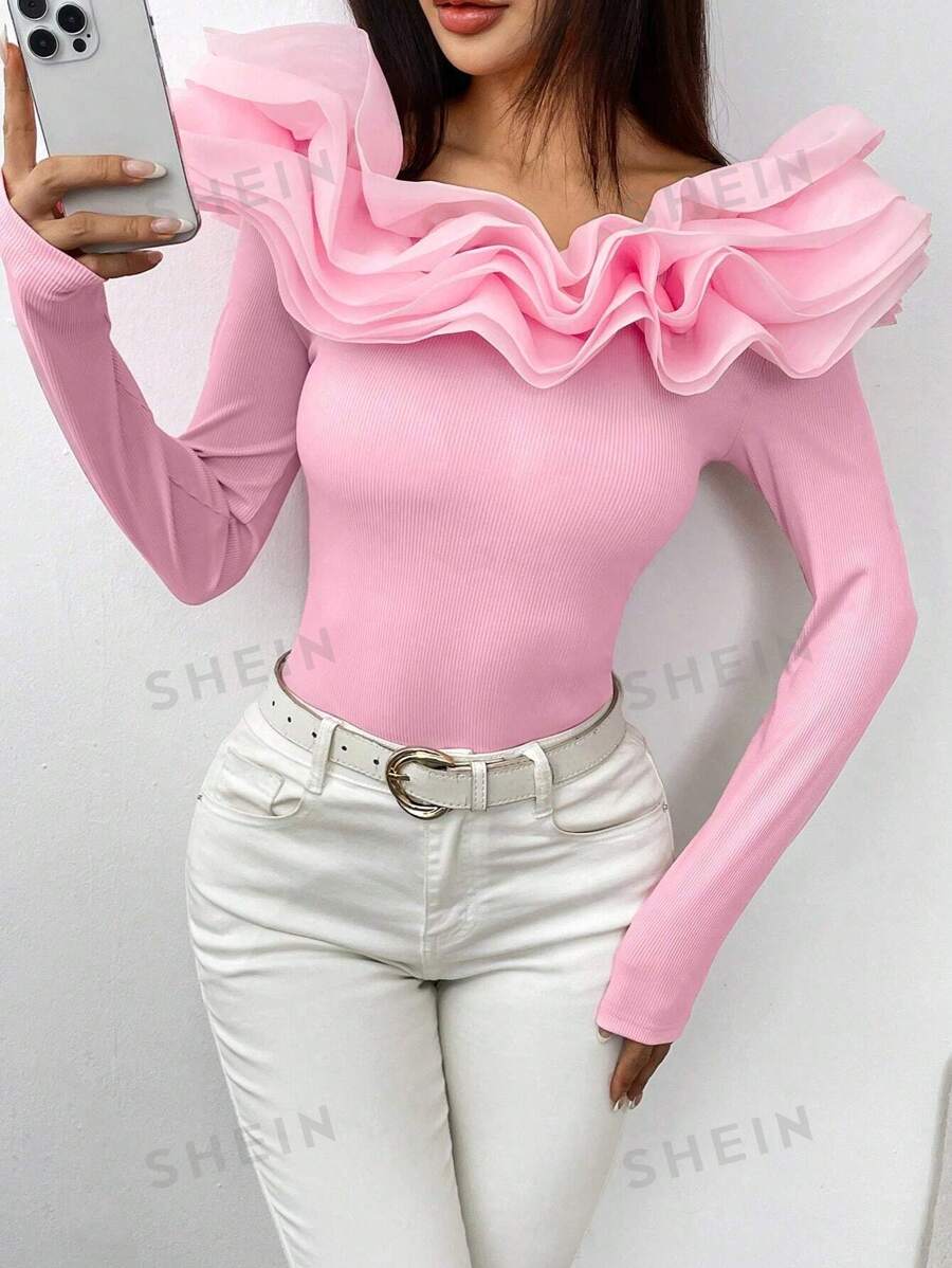 Chiquease Camiseta de moda de manga larga con hombros descubiertos de unicolor para mujer