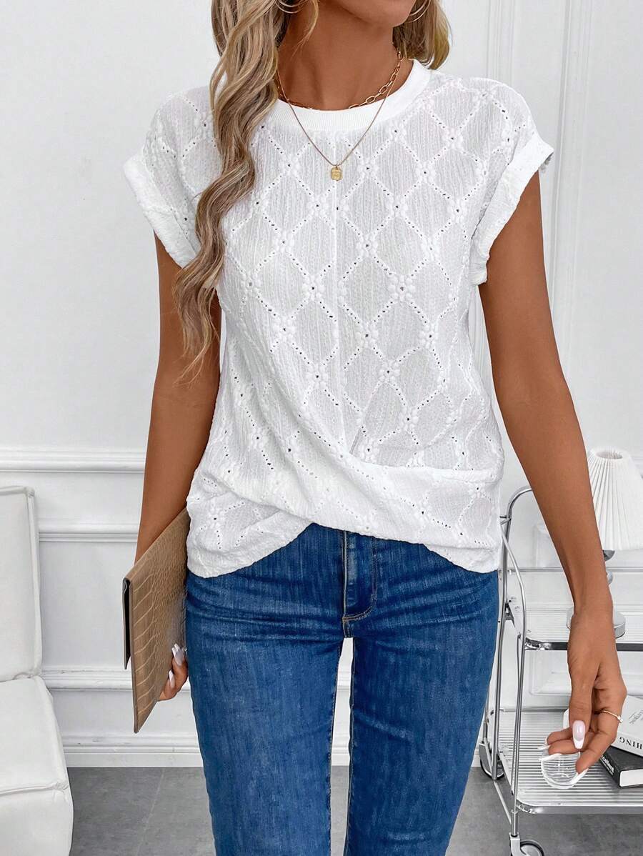 SHEIN Clasi Casual effenkleurig T-shirt met holle borduursels voor dames