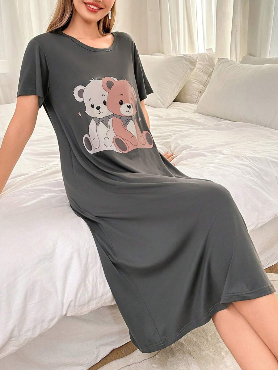 Dream Adore Women's Casual Round Neck Short Sleeve 2 Bear Print T-Shirt Nightgown
