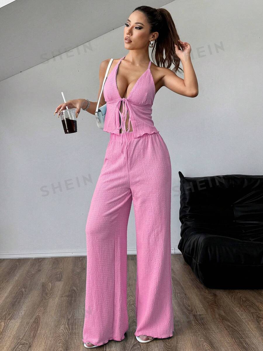 Chiquease Conjunto sexy de top halter plisado de tela texturizada y pantalones anchos de pierna ancha