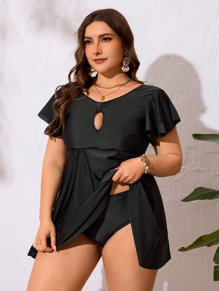 SHEIN Swim Curve Vestido de traje de baño de unicolor de talla grande con volantes y abertura delantera para el verano