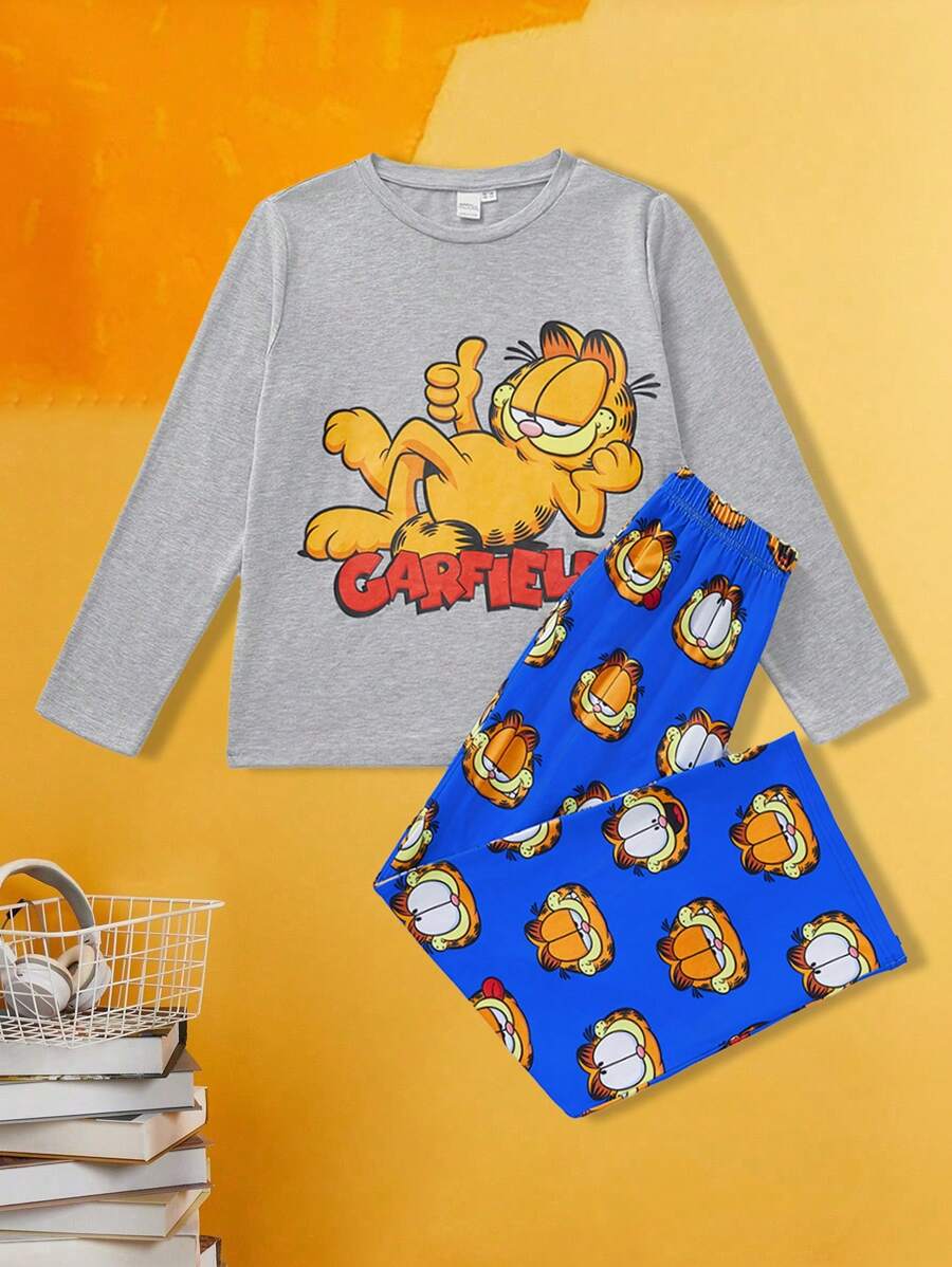 GARFIELD X SHEIN 2pcs Tween Boy Cartoon Cat Print Round Neck Long Sleeve T-Shirt And Pants Pajama Set, Suitable For Autumn/Winter