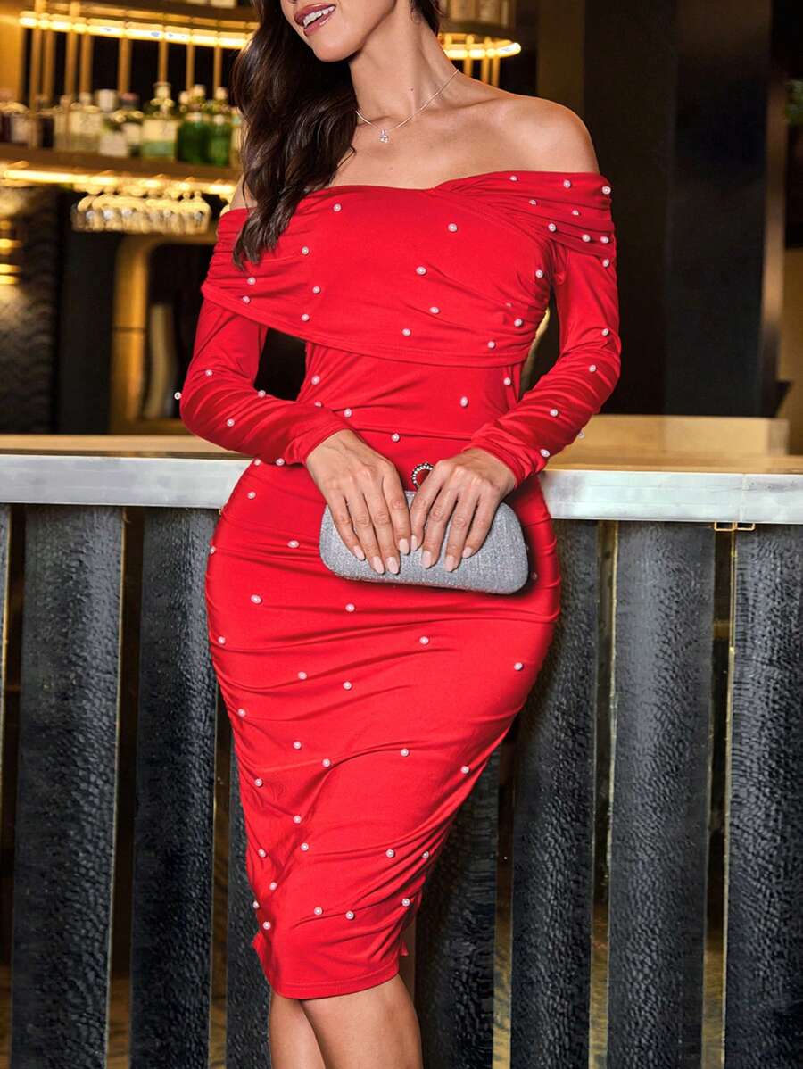 SHEIN Clasi Women's Off-Shoulder Pearl Decorated Mini Dress, Valentine's Day & New Year Party