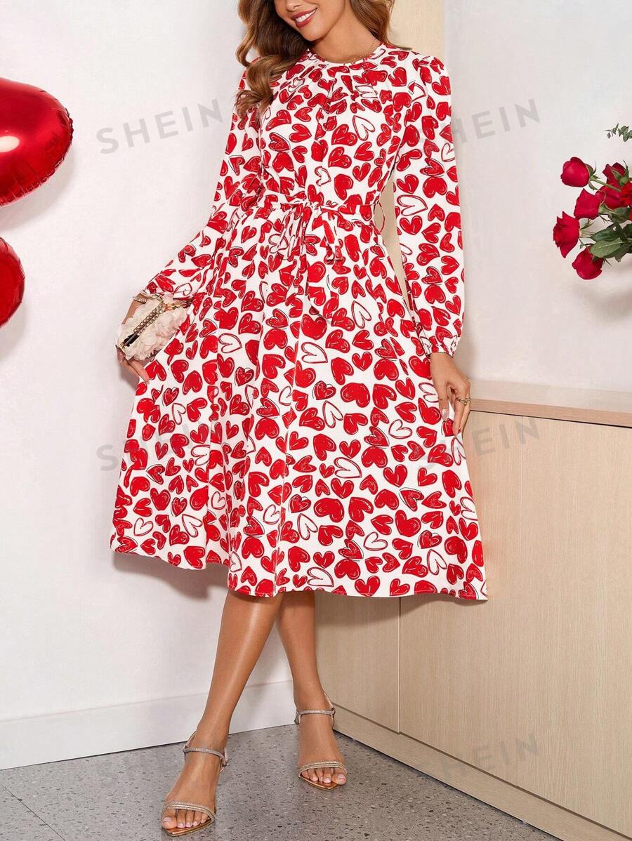 SHEIN Clasi Ținute de primăvară pentru femei, Ziua Îndrăgostiților, Guler elegant pentru femei cu mâneci lungi, cu pliuri, rochie cu mânecă pagodă cu imprimeu de inimă, rochie leagăn.
