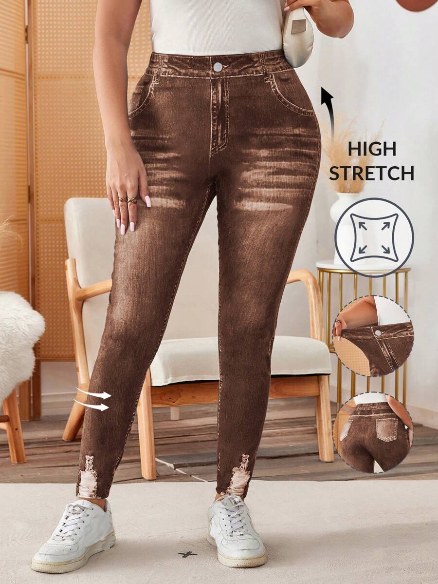SHEIN LUNE Plus Size Denim Effect Print High Elasticity Leggings New Years Women Outfit Birthday Outfits For Women Fall Women Clothes Winter Valentine's Day Business Casual Woman