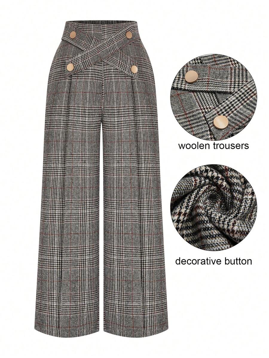 Celure Plus Size Women Elegant Commuting Wide Leg Pants, Thick Checked Tweed