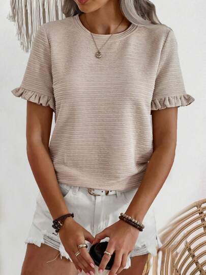 SHEIN LUNE Solid Color Ruffled Short Sleeve T-Shirt