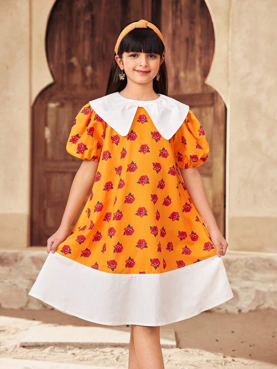 SHEIN Tween Girls Loose Casual Colorblock Collared Pearl Decor Puff Sleeve Dress