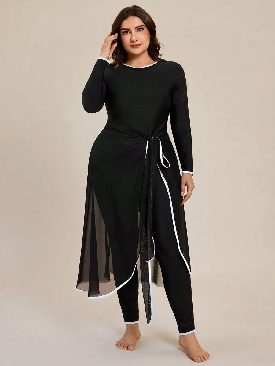 3pcs/Set Plus Size Contrast Binding Long Sleeve Top, Pants And Cover-Up Skirt, For Summer Beach Vacation