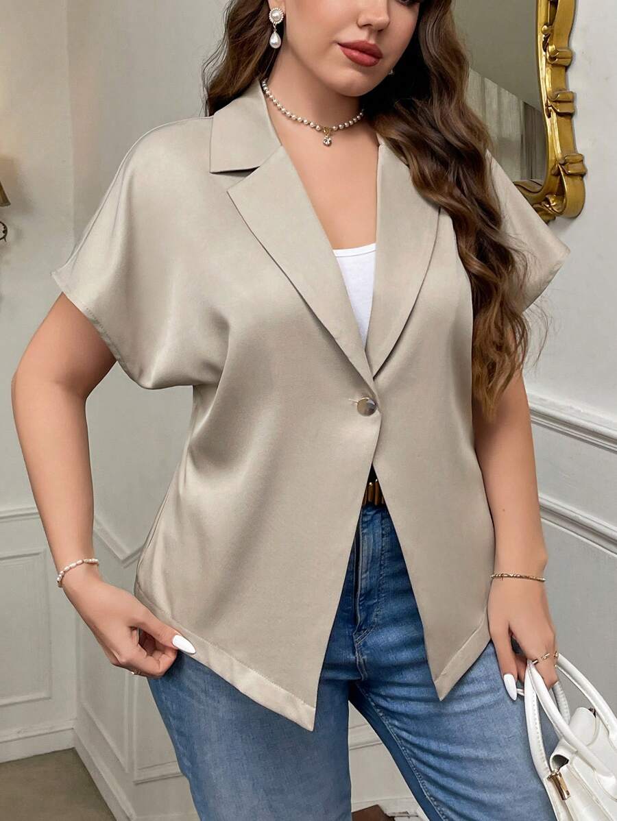 SHEIN Privé Plus Size Women Elegancka prosta jednokolorowa swobodna krótka rękaw dekolt w serek pojedynczy guzik w pasie ściągana talia khaki garniturowa kurtka, odpowiednia na wiosnę, lato i jesień