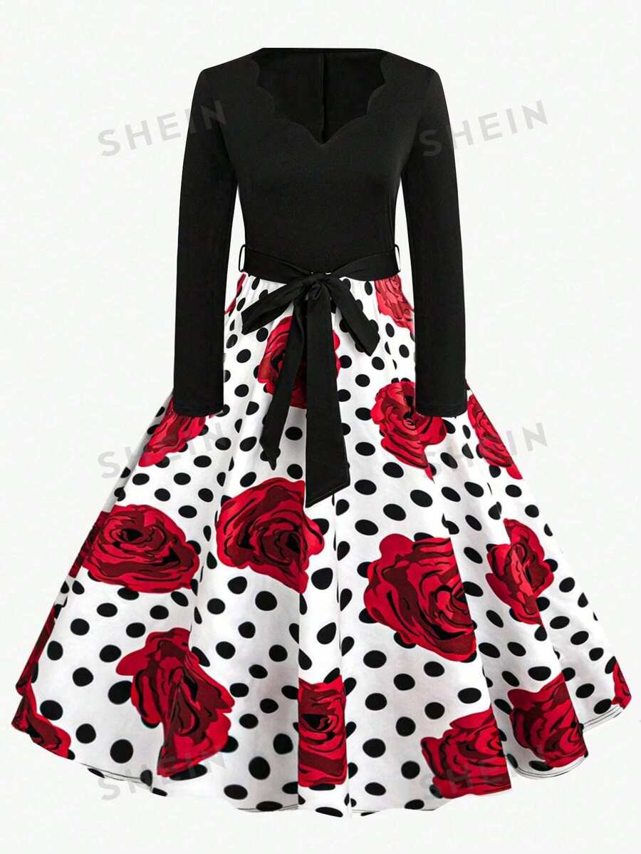 SHEIN Clasi Vestido midi de línea A con estampado de lunares y flores, mangas abullonadas, elegante y vintage, tallas grandes para mujeres, perfecto para el Día de San Valentín