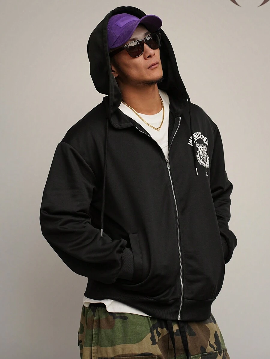 DAZY Sudadera con capucha negra con gráfico de tigre y letra para hombre, primavera
