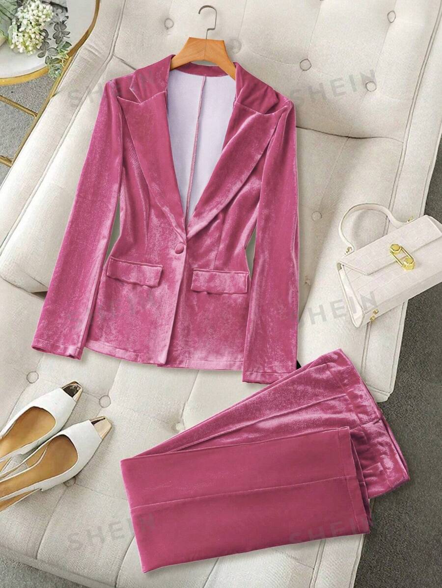 SHEIN Clasi Conjunto de traje elegante de blazer de manga larga con cuello de terciopelo y pantalones para mujer, para otoño/invierno