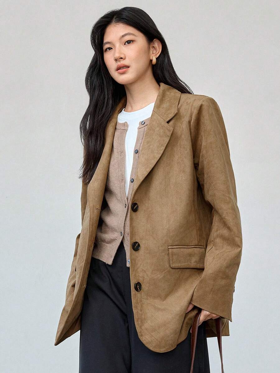 Dazy-Less Women's Regular Fit Casual Suede Jacket, Minimalist Design Old Money,Fall Clothes