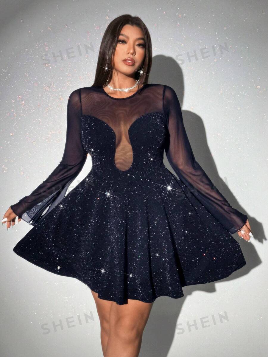 Viva Relle Vestido con volantes de talla grande para mujer con parches de malla y lentejuelas