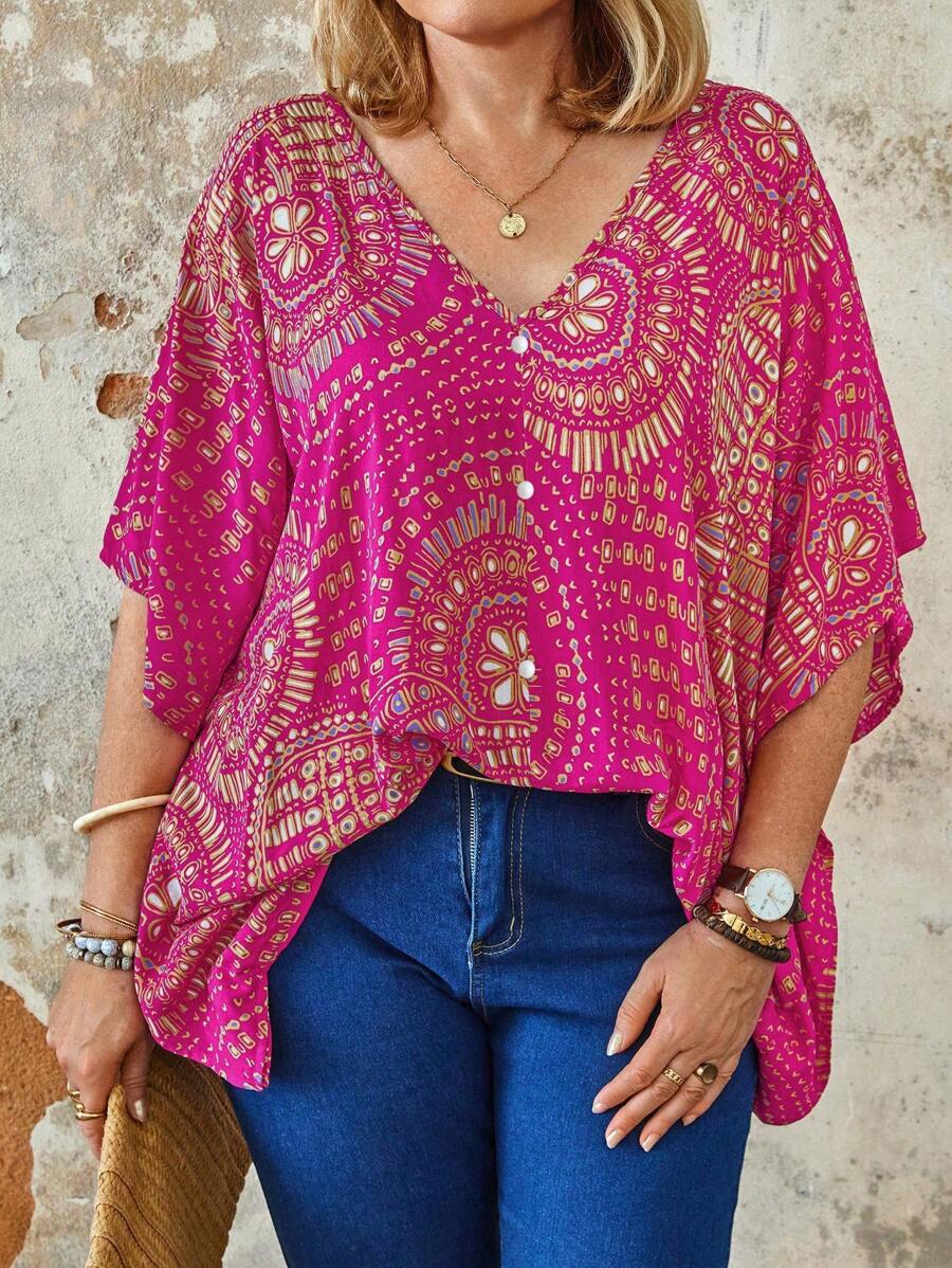 Blusa de manga de murciélago con estampado floral todo sobre para talla grande de verano