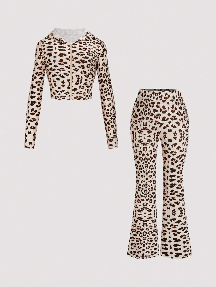 Flirla Plus Size Women Leopard Print Long Sleeve Zip-Up Hooded Jacket And Flared Pants 2 Pieces Set