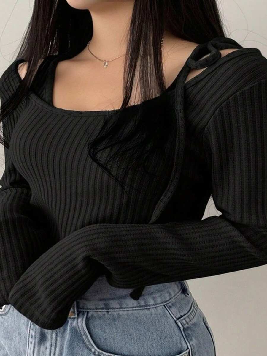 Dazy Plus Ribbed Elastic Fitted Belt Solid Color Long Sleeve Black T-Shirt, Spring/Summer/Autumn
