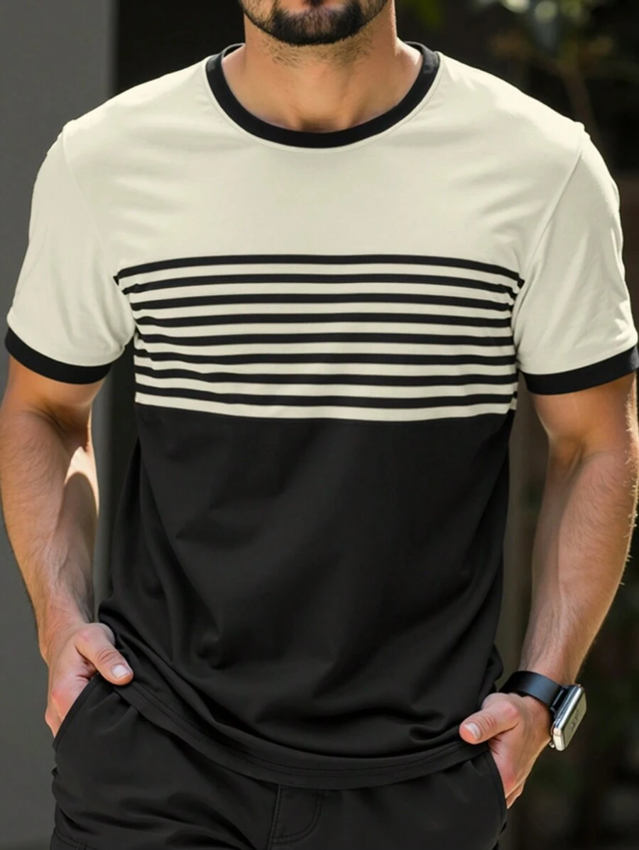 Manfinity Homme Plus Size Men's Striped Print Round Neck Short Sleeve Casual T-Shirt