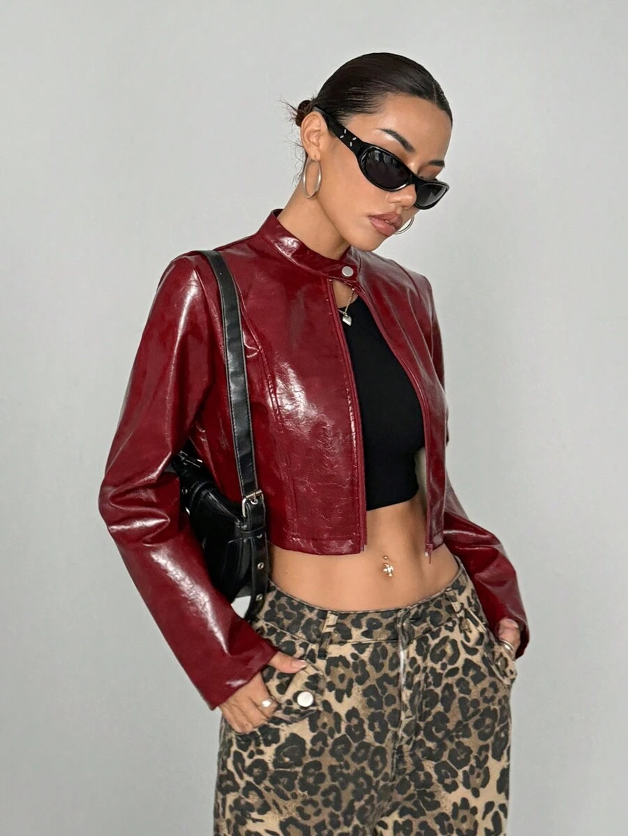 StreetHx Veste courte bordeaux avec fermeture éclair, streetwear pour femme